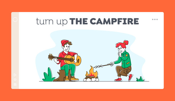 旅游休闲登陆页面模板。一对夫妇坐在森林里的篝火边唱歌，弹吉他，炸棉花糖。夏令营的旅游人物。线性人物矢量图图片下载