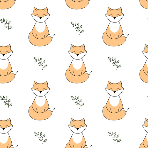 无缝图案与可爱的狐狸和小树枝。手绘儿童背景。矢量插图上的白色。图片下载
