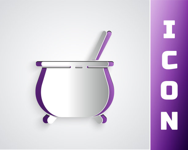 剪纸女巫大锅图标孤立在灰色背景。快乐的万圣节派对。纸艺术风格。矢量图图片下载