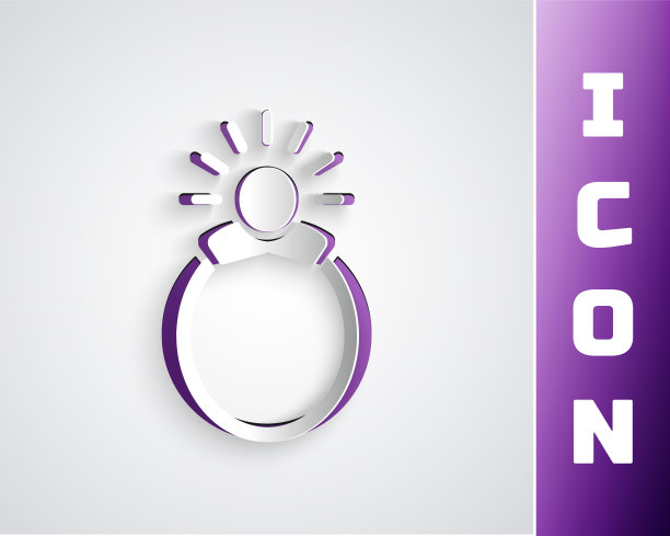 剪纸幻想魔法石戒指宝石图标孤立在灰色背景。纸艺术风格。矢量图图片下载