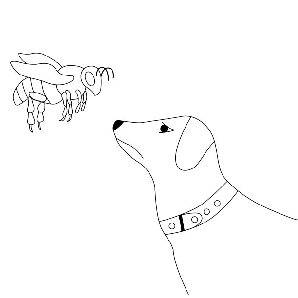 向量线性图像的狗和黄蜂与细黑色轮廓。适用于贴纸、手机壳、t恤、包装袋、包装纸的设计图片下载