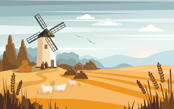 乡村景色多姿多彩，有一磨。农场、农业、面包房。图片下载