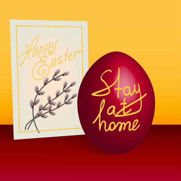 2019冠状病毒病和复活节。复活节彩蛋和柳树。鸡蛋上写着“待在家里”。2020年复活节和冠状病毒大流行的概念。向量图片下载