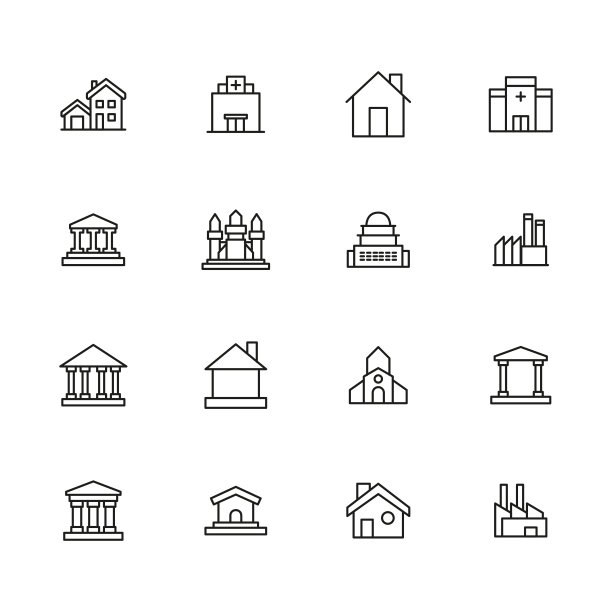 简单的一套建筑图标在时尚的线条风格。图片下载