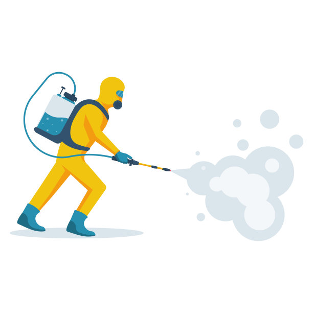 消毒的概念。穿着黄色防护服的人。图片下载