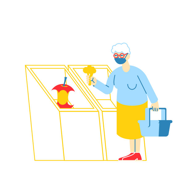 戴着防护口罩的年长妇女站在超市的空货架上。冠状病毒大流行恐慌、隔离制度与全球危险形势。的性格。线性向量插图图片下载