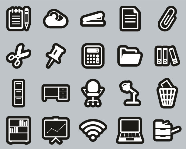 办公用品图标白色在黑色贴纸设置大图片下载