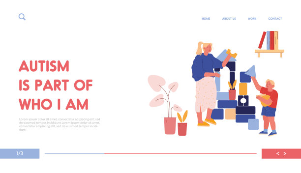 患有自闭症的男孩与年轻女子：母子或老师一起玩积木，卡通人物矢量插画图片下载