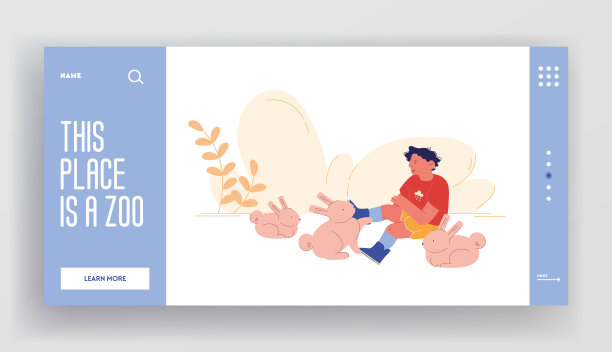 孩子爱抚动物登陆页面模板。快乐男孩角色在农场动物园和可爱的小兔子玩。游览农场或乡村农家庭院，夏季业余时间。卡通矢量图图片下载