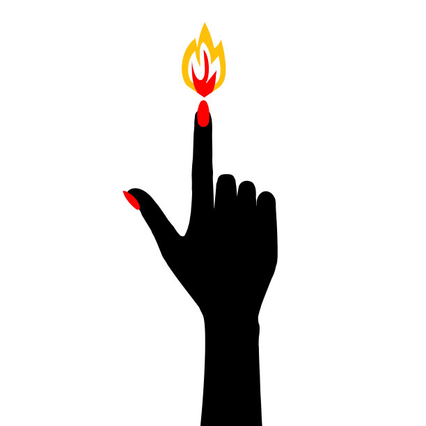 一只修剪过的手的剪影，食指指甲上有火焰。图片下载