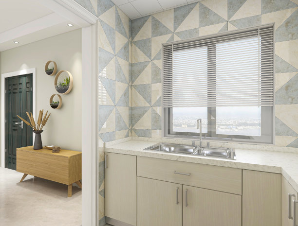 3D效果图，现代家庭厨房设计，新橱柜和带有冰箱的厨房用具，阳光透过窗户。图片下载