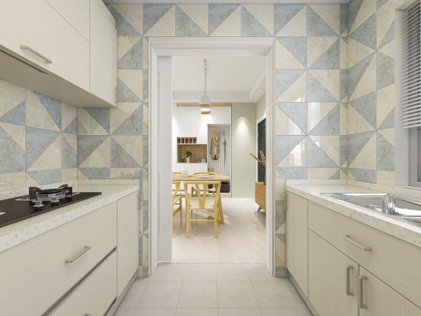 3D效果图，现代家庭厨房设计，新橱柜和带有冰箱的厨房用具，阳光透过窗户。图片下载