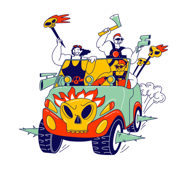 男性角色在Cosplay蒸汽朋克或朋克服装拿着头骨，枪和斧头骑着车轮上有钉子和装饰的汽车。的扮演者,亚文化。线性人物矢量图图片下载