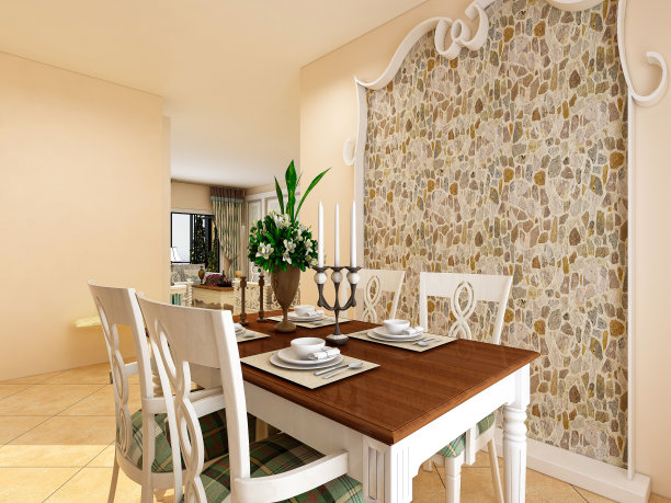 3D效果图，白色欧式餐厅设计，木质餐桌和椅子。图片下载