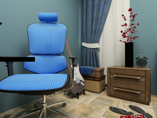 3D渲染，现代设计卧室与电脑，电吉他，床，书架旁边图片下载