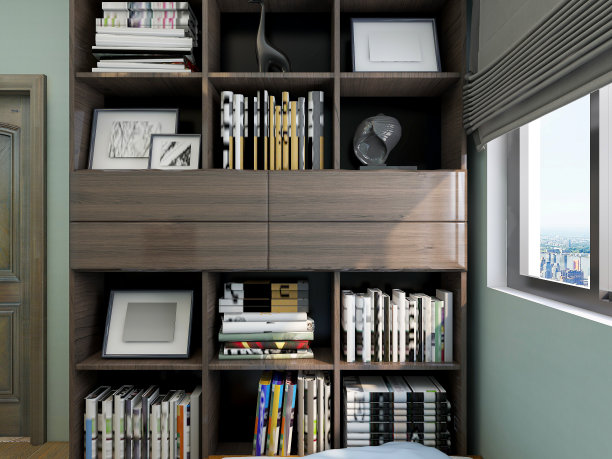 3D渲染，现代设计卧室与电脑，电吉他，床，书架旁边图片下载