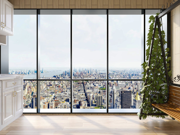 3D效果图，宽敞明亮的城市住宅封闭式阳台设计，绿色植物和家用电器看起来休闲舒适图片下载