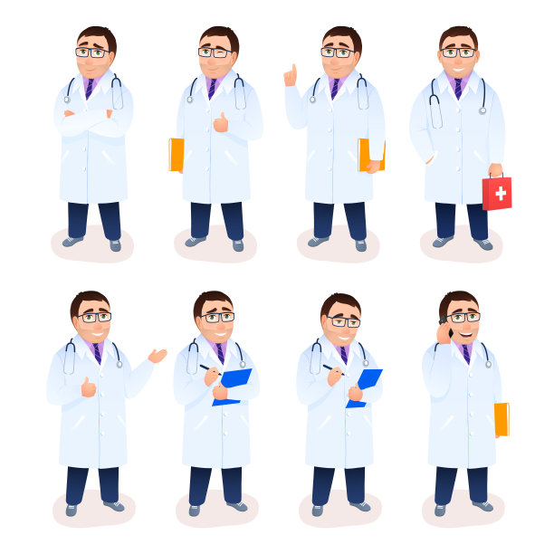 扁平医生男性字符设置在白色背景。穿着白大褂的年轻白种医生。卡通设计的人。面部表情，姿势，手势，面部表情。医学概念矢量图图片下载