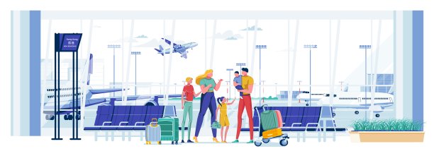 带行李的家庭在前面全景窗口。图片下载