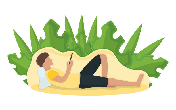 男人抱着小玩意躺在地板上，树叶背景，男人休息，放松。孤立在白色，平面矢量插图。图片下载