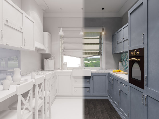 厨房室内设计的3d插图图片下载