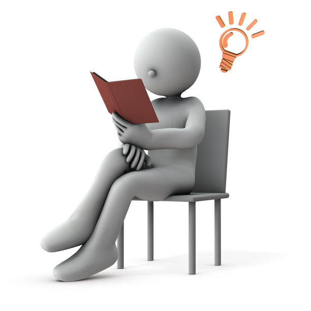一个人物坐在椅子上看书。他有了一个主意。白色背景。3 d演示。图片下载