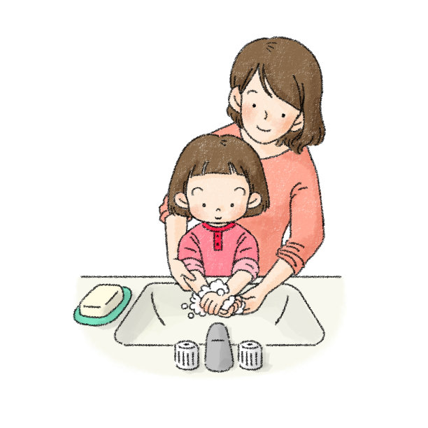 父母和孩子洗手的插图(妈妈和女孩)图片下载