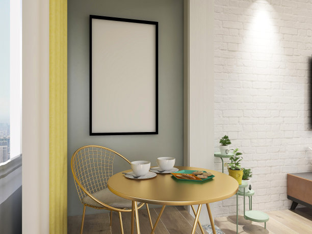 3D渲染，宽敞明亮的城市住宅封闭式阳台设计，绿色植物配木制桌椅休闲舒适。图片下载