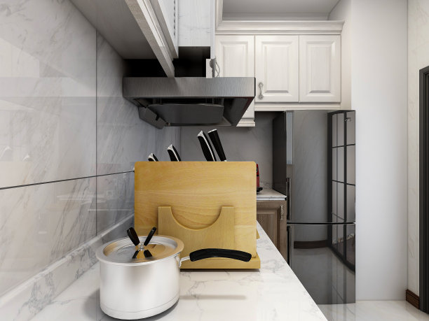 3D效果图，现代家庭厨房设计，新橱柜和带有冰箱的厨房用具，阳光透过窗户。图片下载