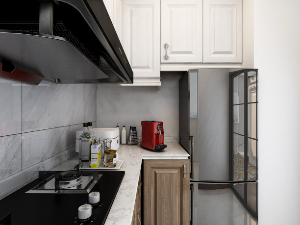 3D效果图，现代家庭厨房设计，新橱柜和带有冰箱的厨房用具，阳光透过窗户。图片下载