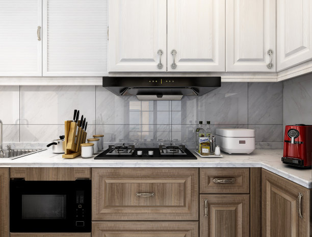 3D效果图，现代家庭厨房设计，新橱柜和带有冰箱的厨房用具，阳光透过窗户。图片下载