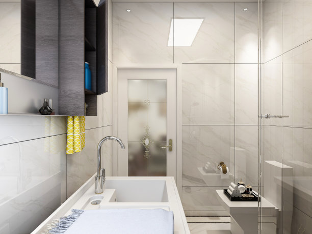 3D效果图，洁净现代住宅浴室及卫生间设计，配备盥洗台、卫生间、淋浴设备等。图片下载