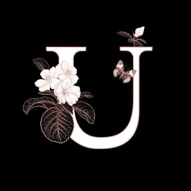 装饰字母U，盛开的樱花枝和蝴蝶。图片下载