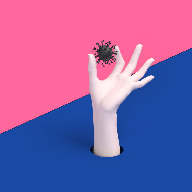 病毒感染概念海报的创作和传播。人的手和病毒细胞会流感。冠状病毒大流行。3 d演示。图片下载