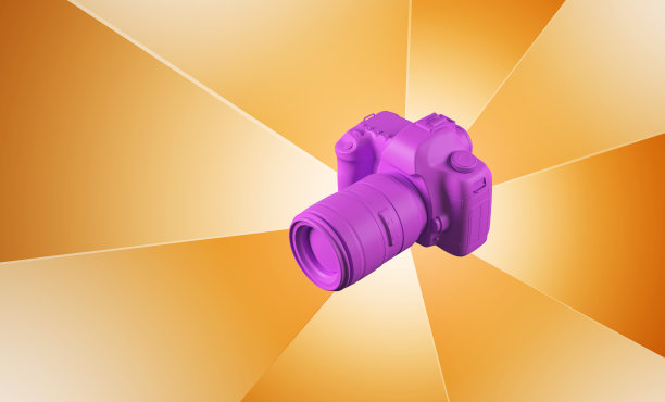 三维模型的相机设计。明亮的现代背景与黄色条纹。图片下载