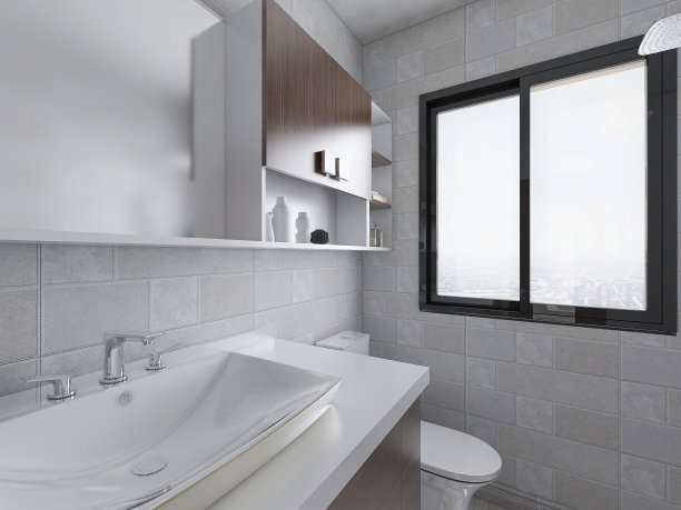 3D效果图，洁净现代住宅浴室及卫生间设计，配备盥洗台、卫生间、淋浴设备等。图片下载