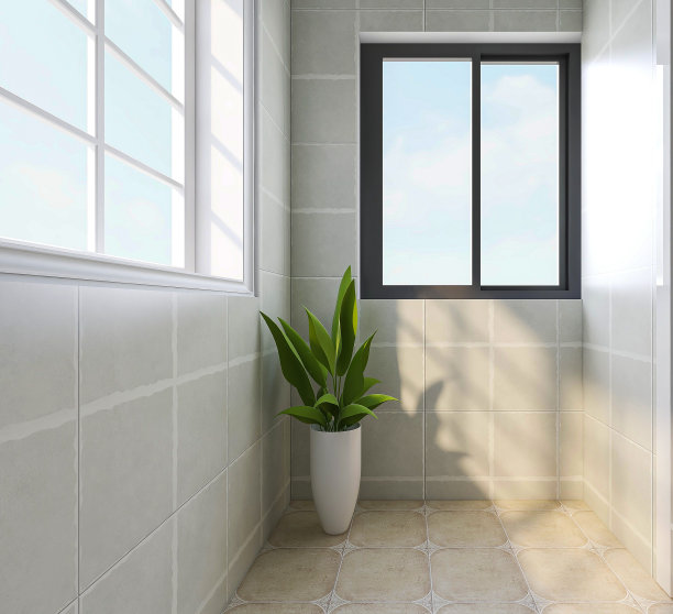 3D效果图，宽敞明亮的城市住宅封闭式阳台设计，绿色植物和家用电器看起来休闲舒适图片下载