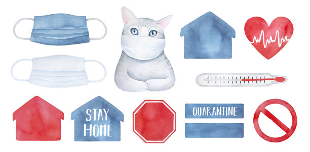 医学插图收藏有各种人脸保护口罩、猫字、温度计、心形、检疫符号。手绘水彩画，剪纸设计元素。素材图片