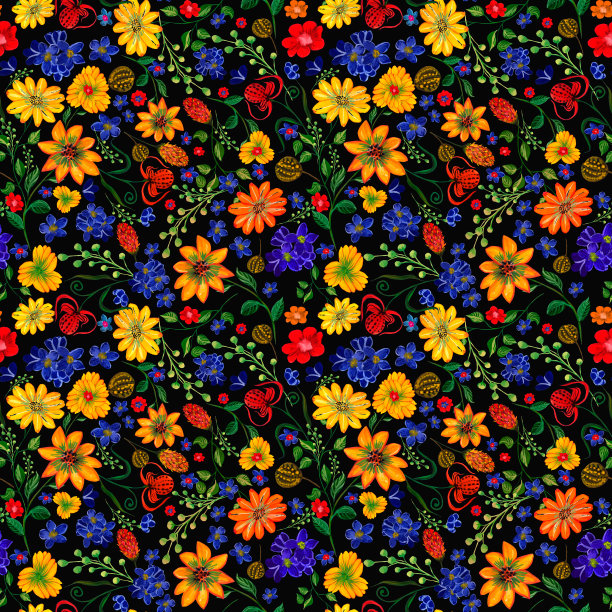 鲜艳的花朵，水粉画的叶子。无缝模式。设计织物，纺织品，床上用品，窗帘，墙纸，背景，包装，封面，包装纸。图片下载