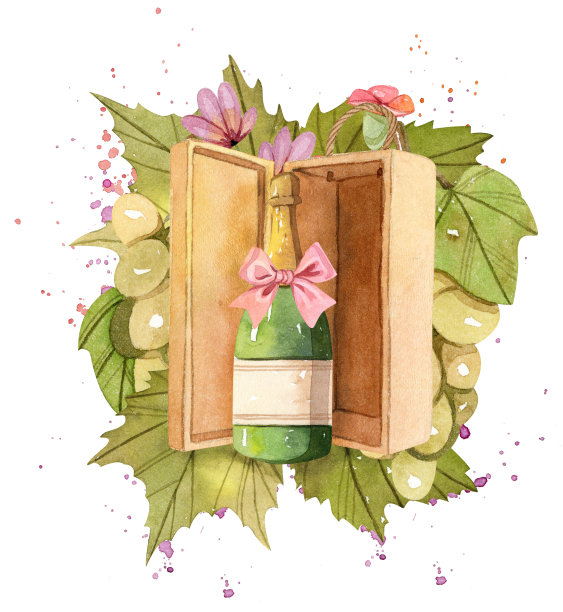 一瓶葡萄酒在一个木盒-水彩插图图片下载