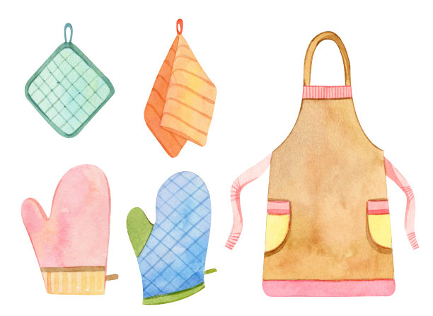 水彩厨房用具，配件-围裙，洗碗布，切菜板，勺子图片下载