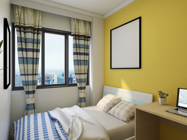 3D效果图，优雅宽敞的现代公寓卧室设计，大床旁的大衣柜，图片下载