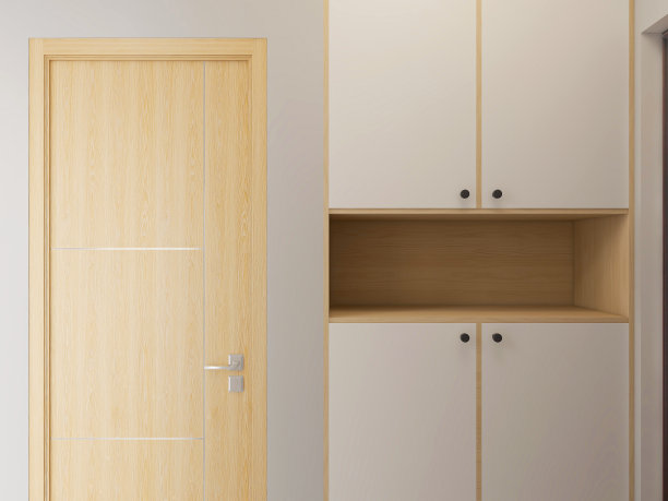 3D效果图，优雅宽敞的现代公寓卧室设计，大床旁的大衣柜，图片下载