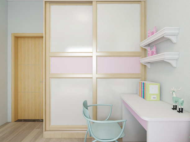 3D效果图，优雅宽敞的现代公寓卧室设计，大床旁的大衣柜，图片下载