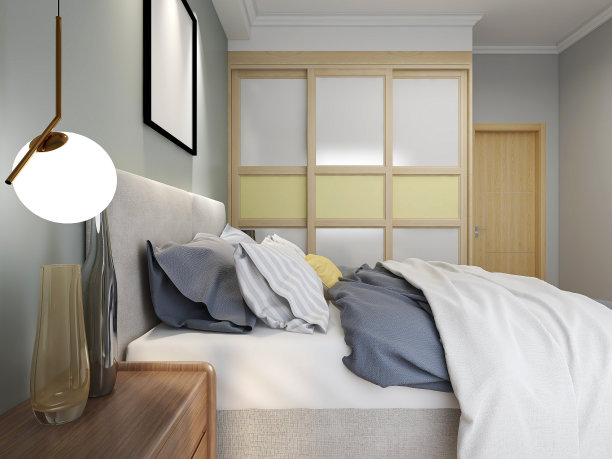 3D效果图，优雅宽敞的现代公寓卧室设计，大床旁的大衣柜，图片下载