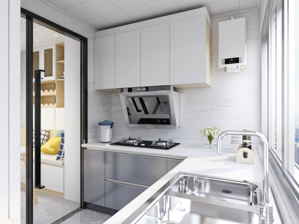 3D效果图，现代家庭厨房设计，新橱柜和带有冰箱的厨房用具，阳光透过窗户。图片下载