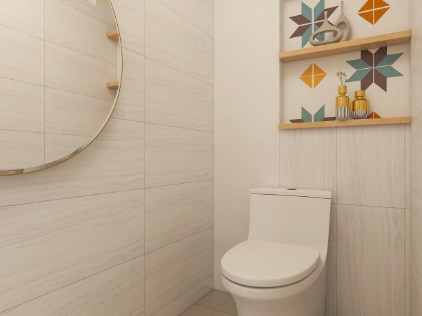 3D效果图，洁净现代住宅浴室及卫生间设计，配备盥洗台、卫生间、淋浴设备等。图片下载