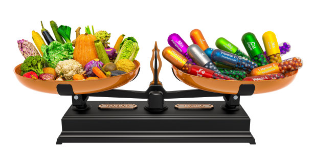 平衡观念，蔬菜或维生素补充剂。3D渲染孤立的白色背景图片下载