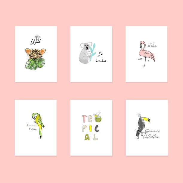 带有手绘动物和水果的热带贴纸图片下载