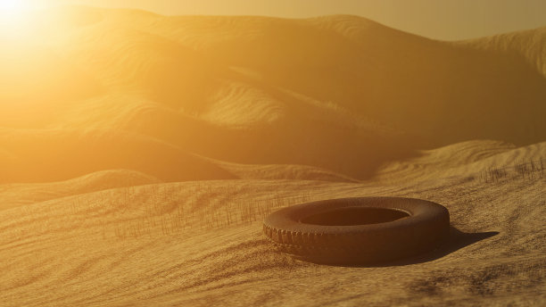 旧汽车轮胎风化的沙漠特写，3d插图图片下载